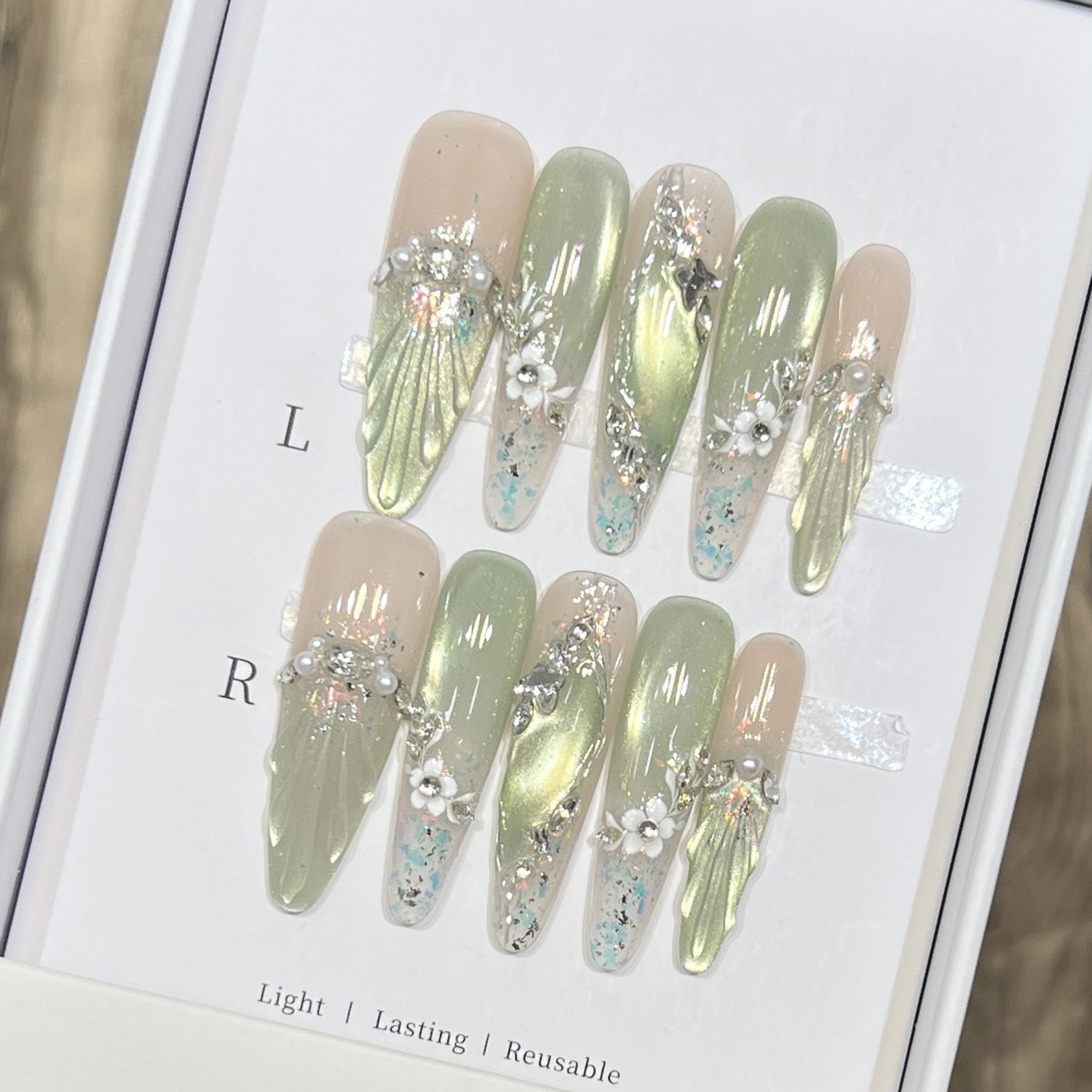 Resin Art Flowers - 10pcs Long Almond Fake Nails Tips