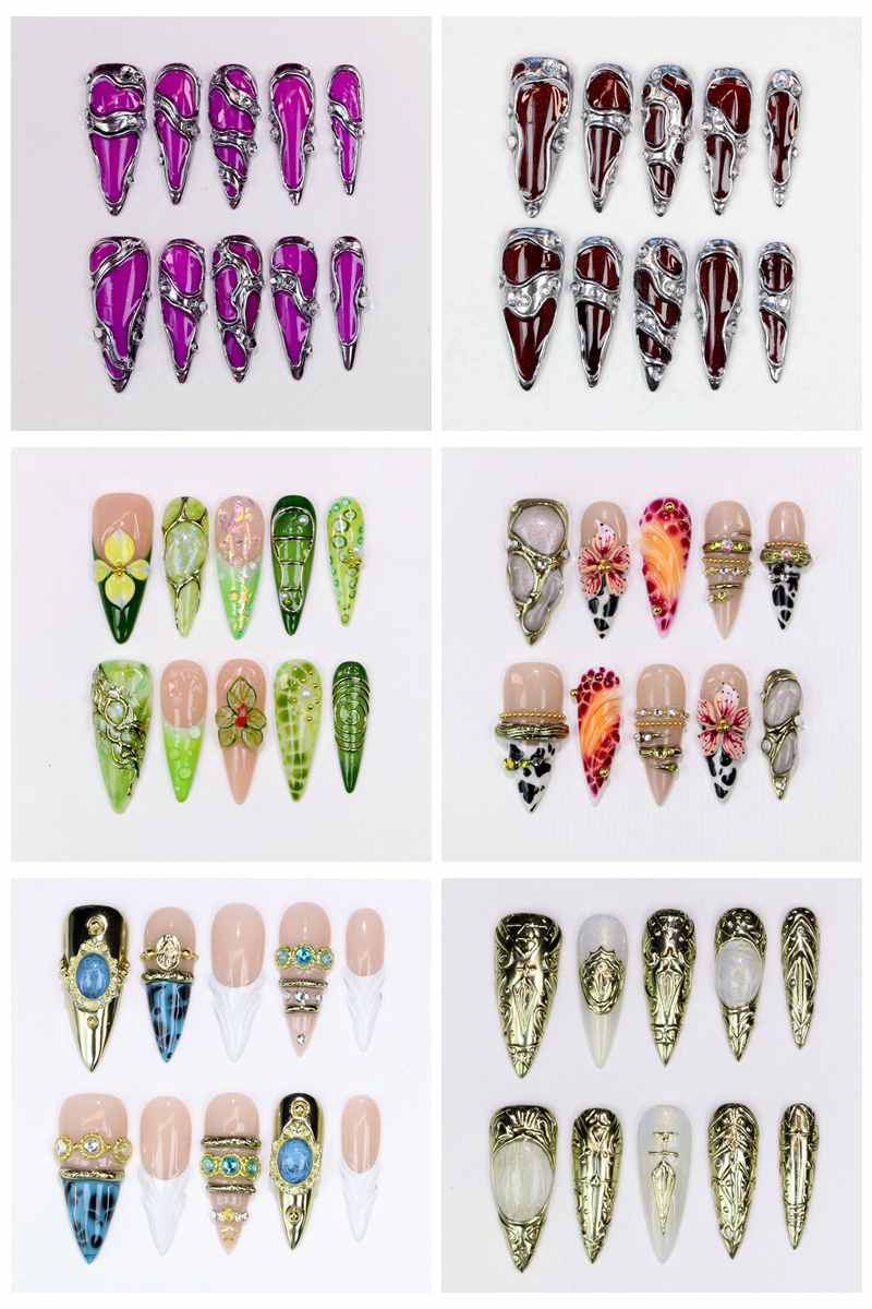 Resin Art Flowers - 10Pcs Long Stiletto Press-On Nails Glossy