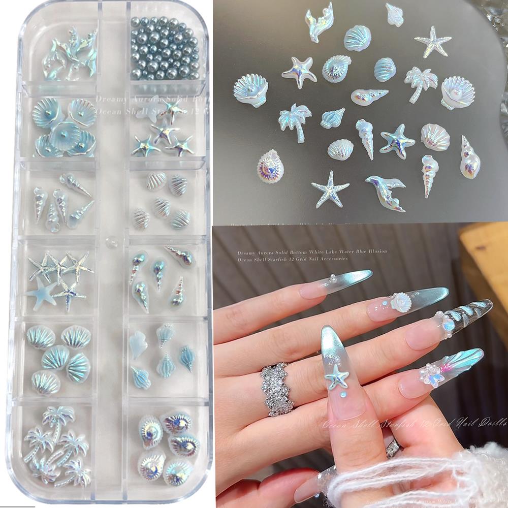 Resin Art Beach Theme - 12Grids 3D Mixed Ocean Style Nail