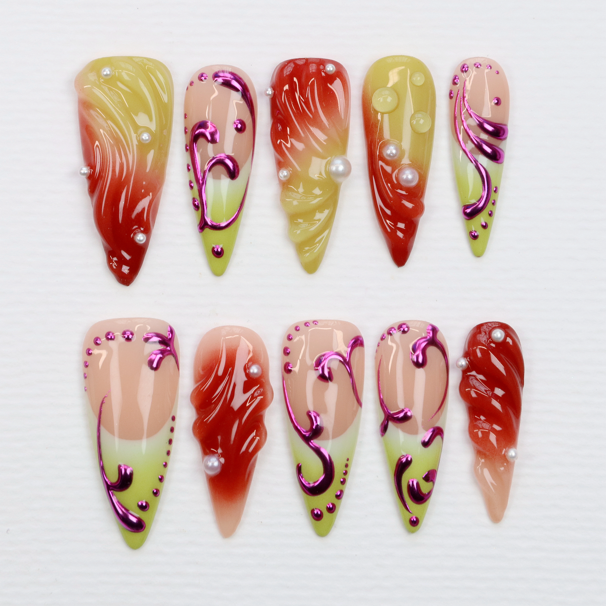 10Pcs Long Stiletto Press-On N - Resin Art Flowers 评论和价格